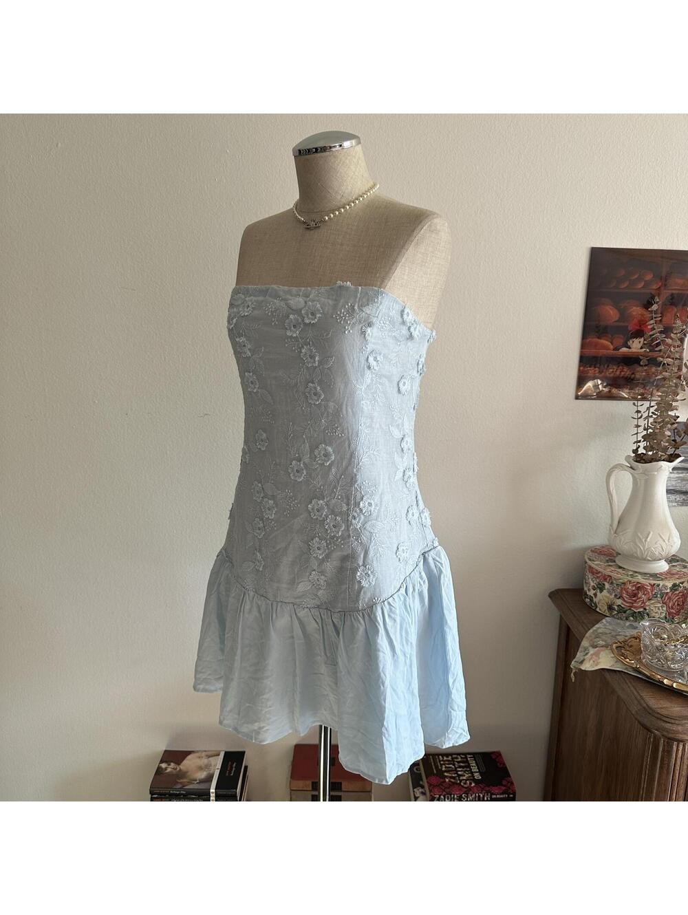 Princess Polly blue floral embroidered drop waist dress - Picture 3 of 7